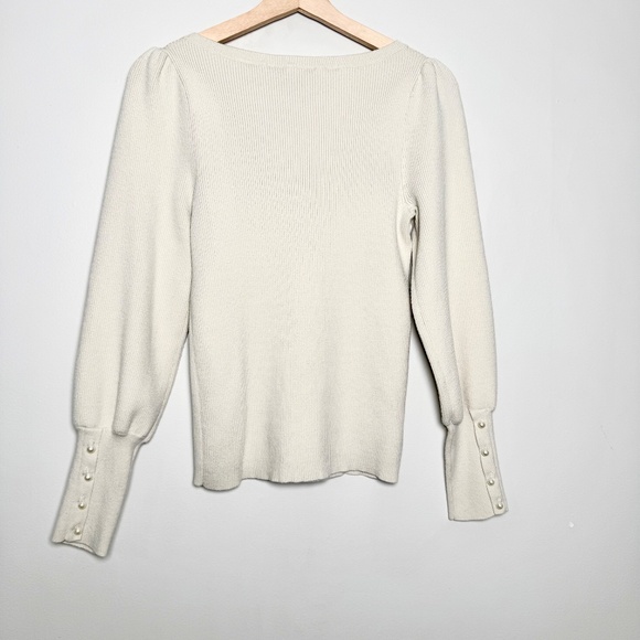 Ann Taylor Pearlized Button Cuff Balloon Sleeve Ivory Cream Sweater Sz L - Picture 6 of 8